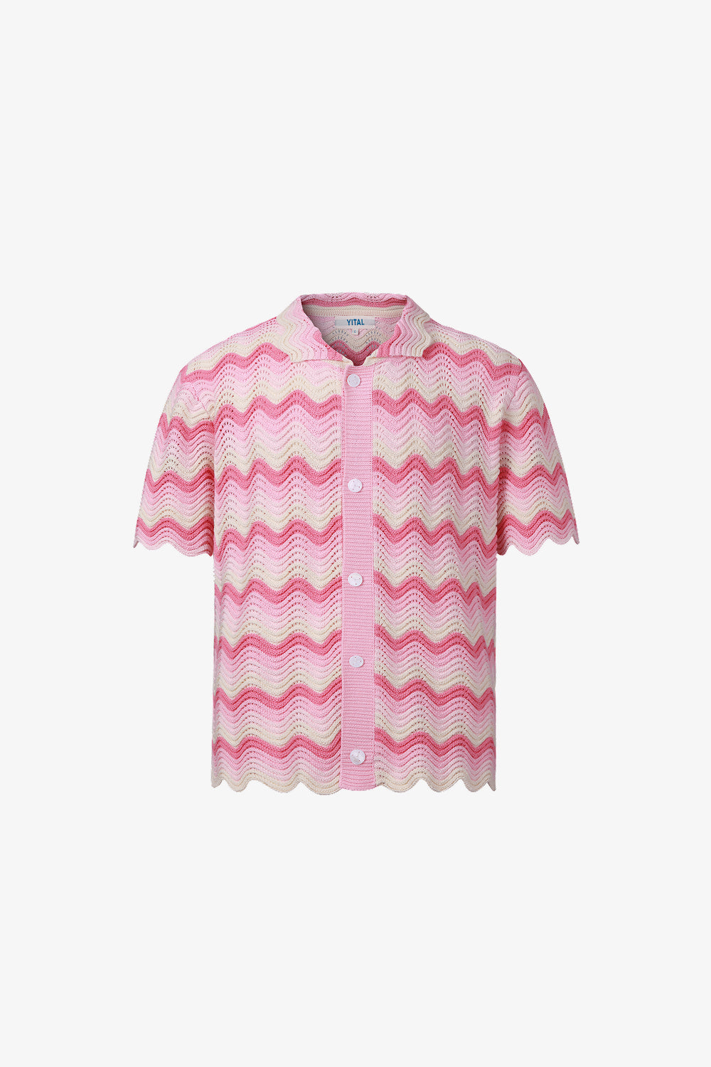 Pink and cream shale stitch shirt on a white background