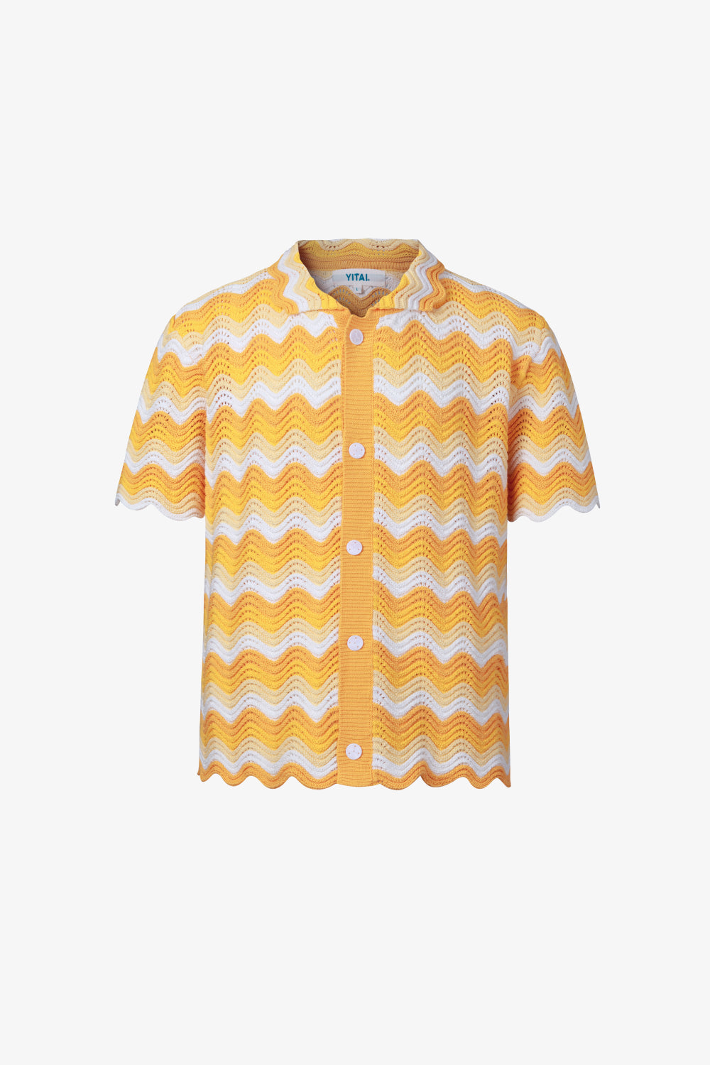 Yellow and white shale stitch knit shirt with button front and scalloped hem.