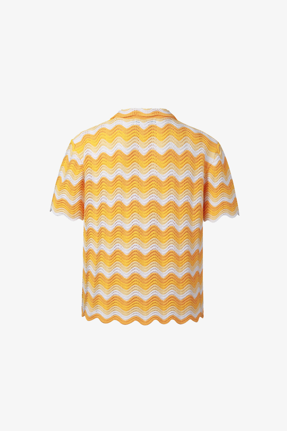 Back view of yellow and white shale stitch knit shirt.