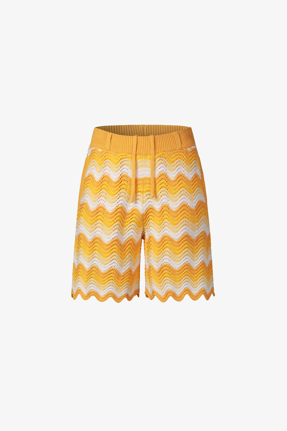 Yellow and white shale stitch knit shorts with drawstring waistband and scalloped hem.