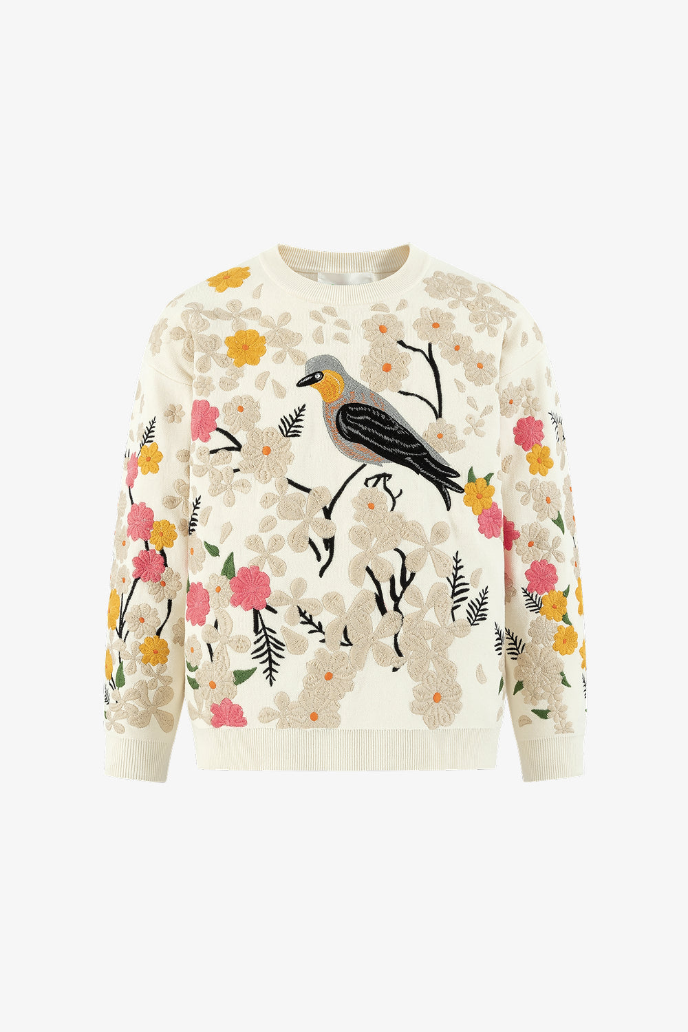 Cream knit sweater with floral embroidery and bird motif on a white background.