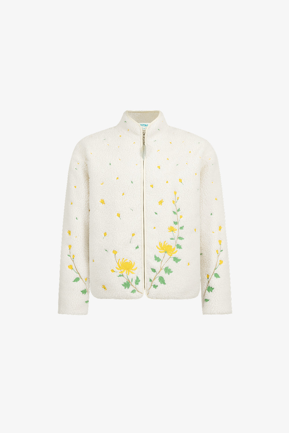 Cream sherpa fleece zip-up jacket with yellow chrysanthemum floral embroidery and green stem detailing.