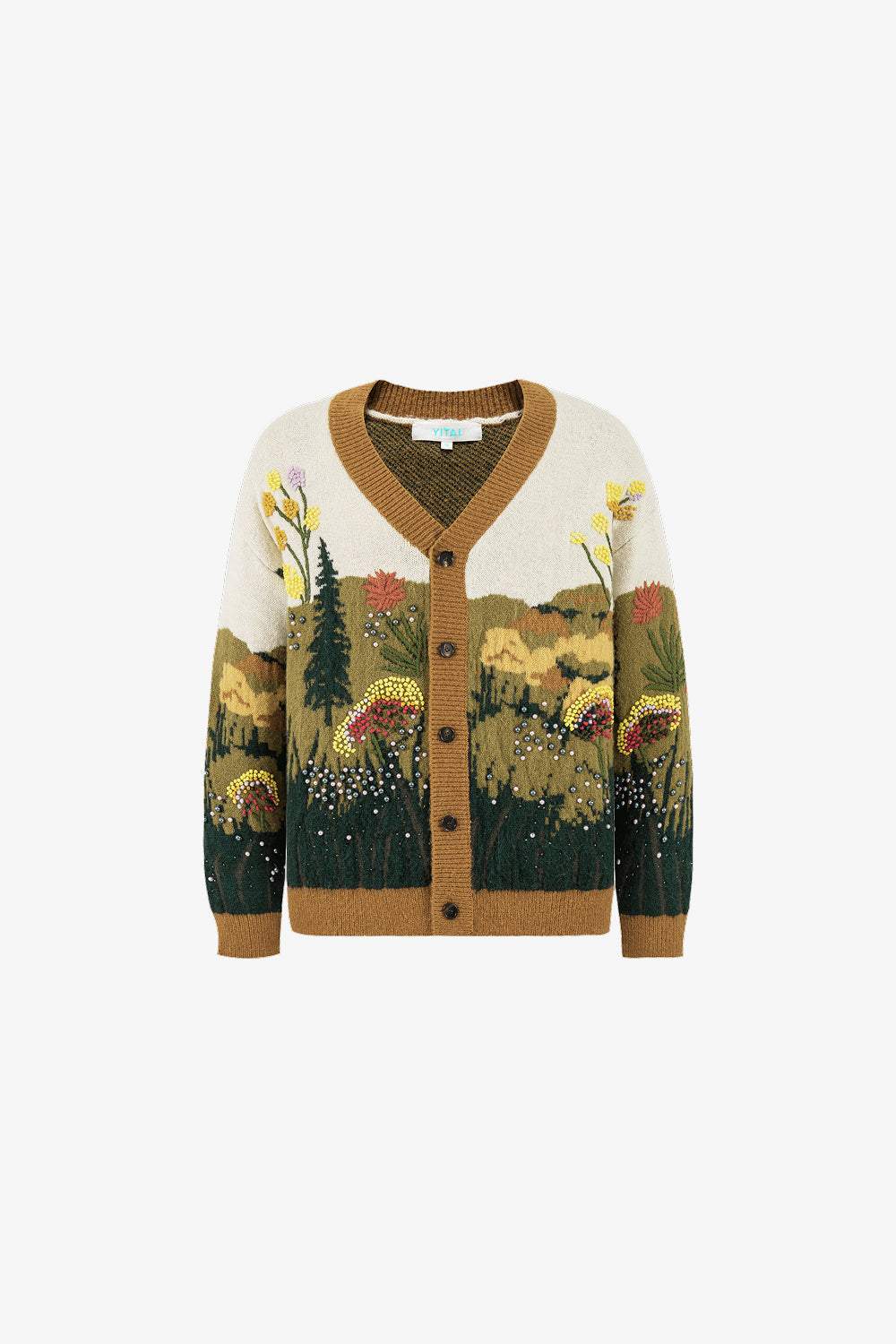 Knit cardigan with floral detailing, embellishments, V-neckline, and button-front closure.