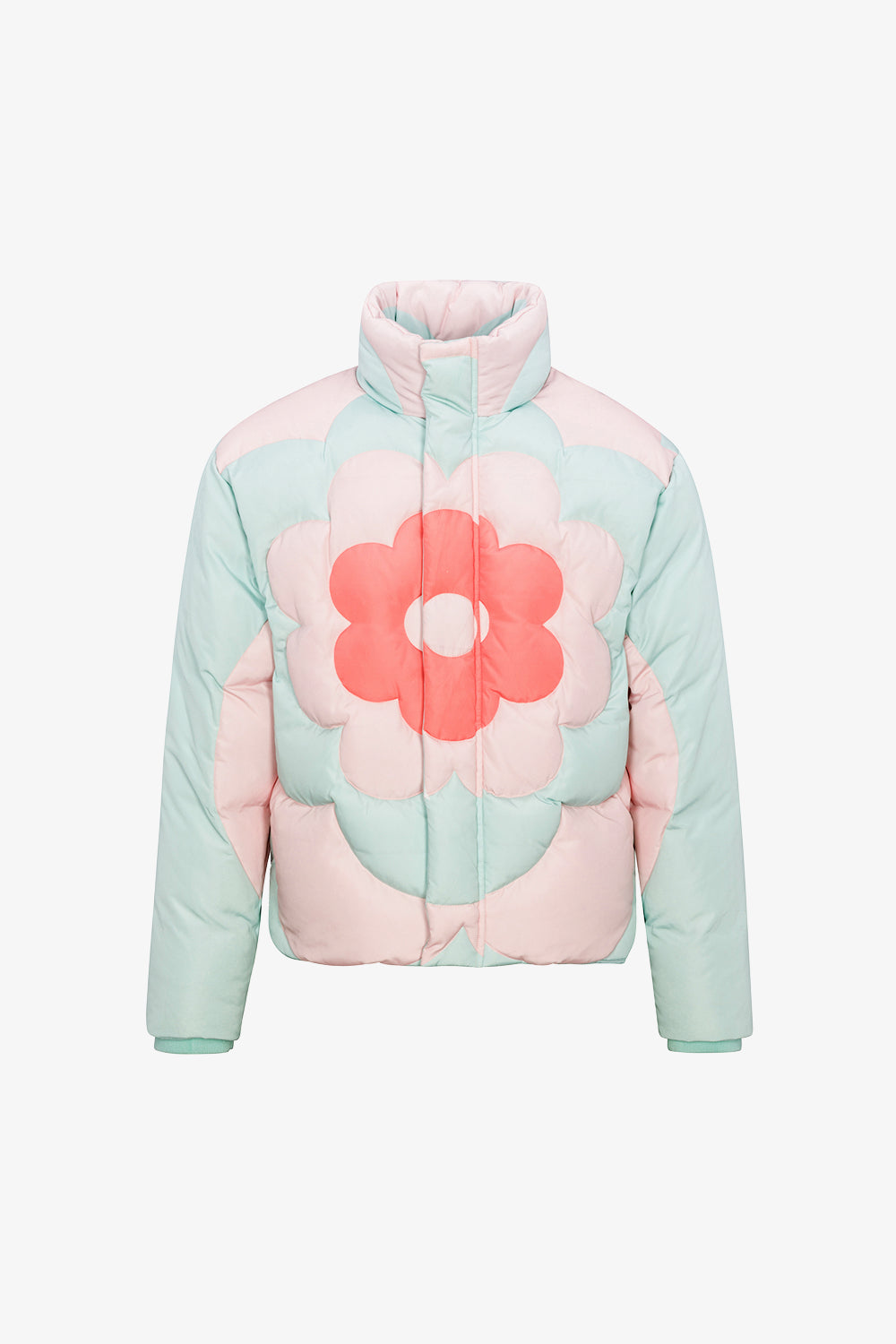 Pastel-colored puffer jacket with a floral design on a white background