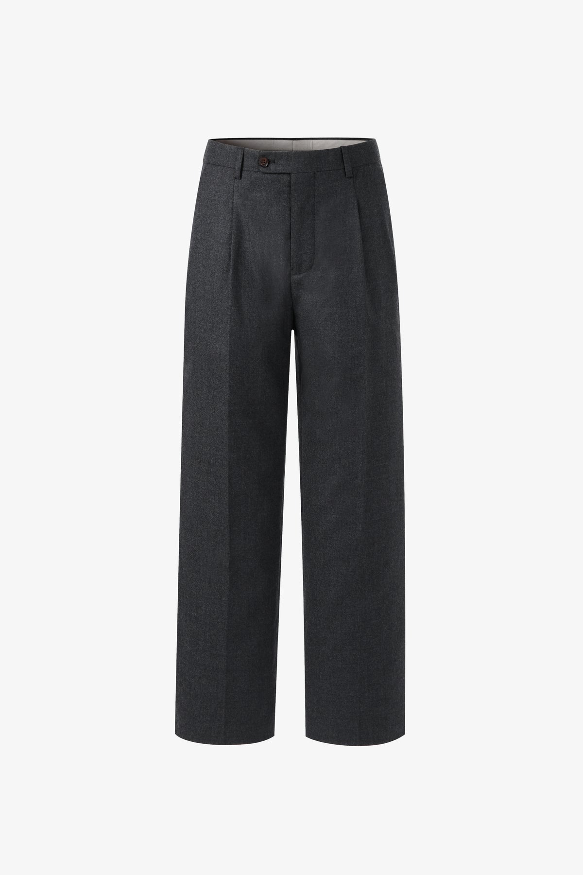 Charcoal pleated relaxed straight-leg fit wool trousers, front view product flat lay