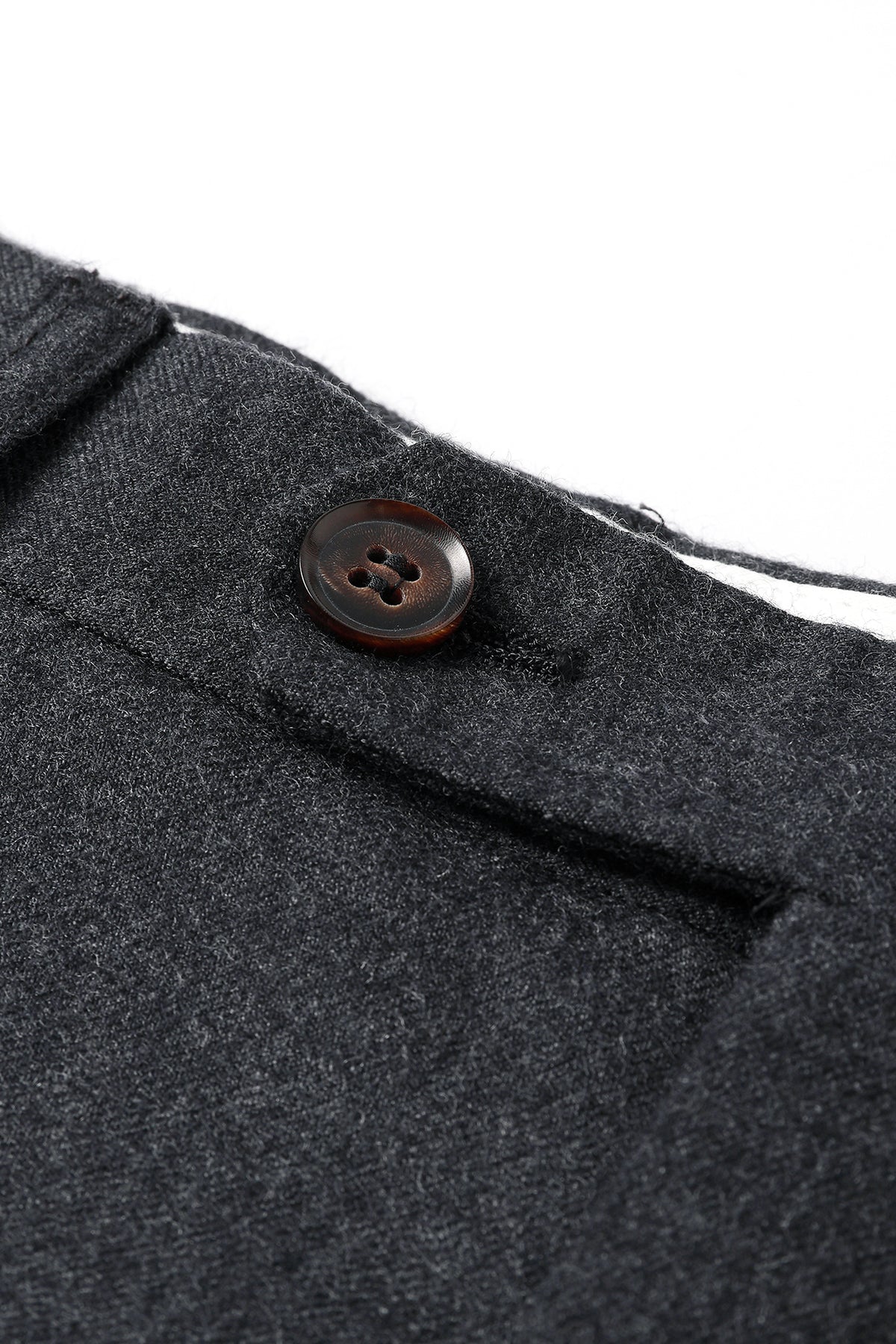 Close-up detail of charcoal wool trousers waistband button