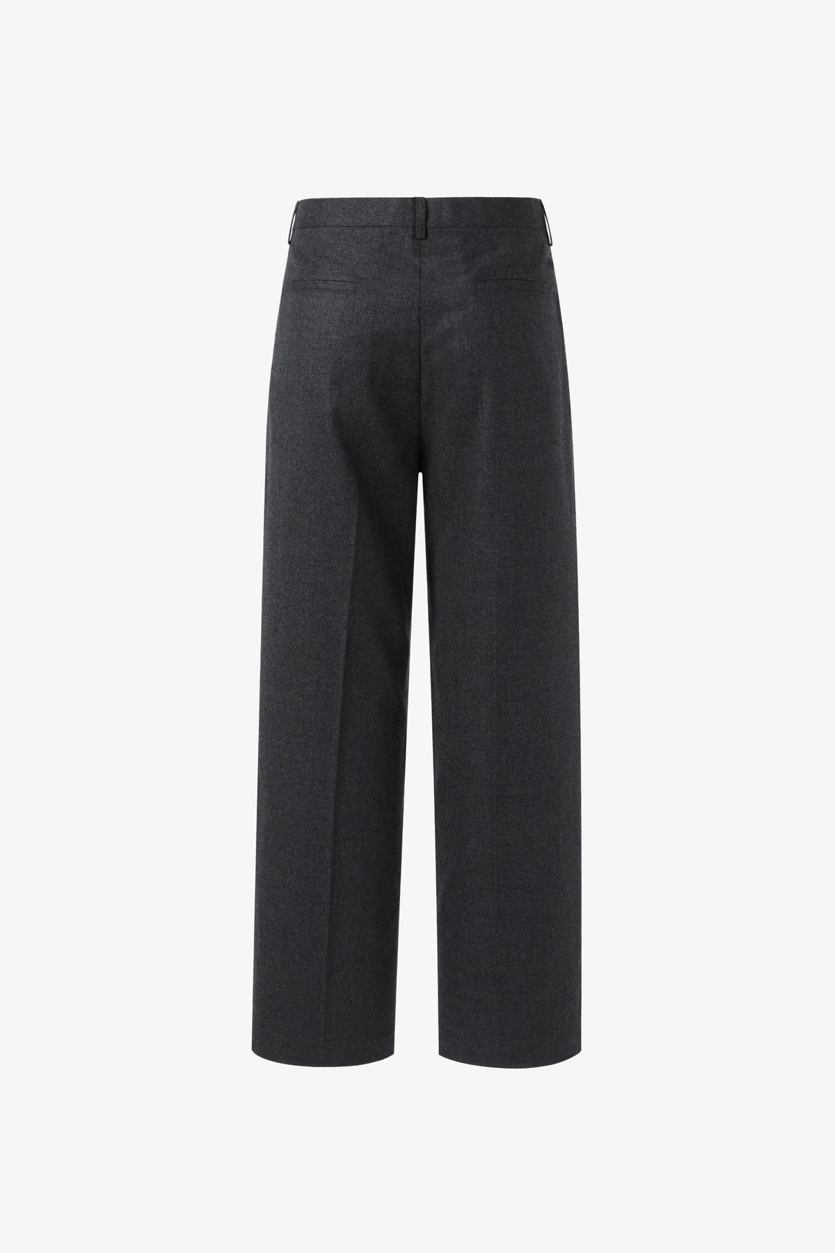 Charcoal pleated relaxed straight-leg fit wool trousers, back view product flat lay showing back pockets
