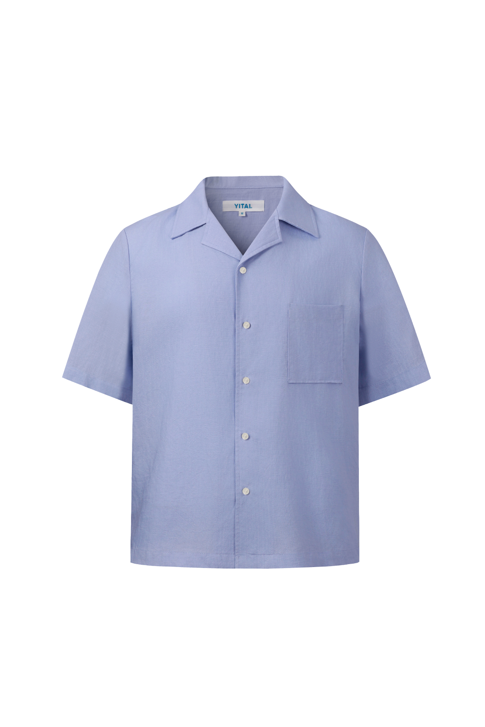 A light blue short-sleeve button-up shirt with a single chest pocket, displayed flat against a solid white background.