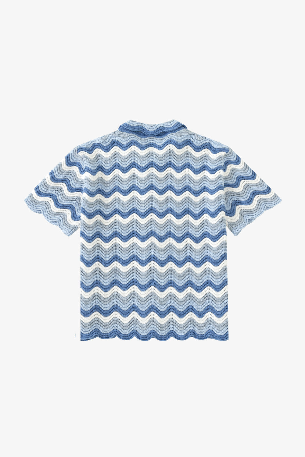 Back view of a short-sleeve knit shirt featuring a blue and white wavy shale stitch pattern.
