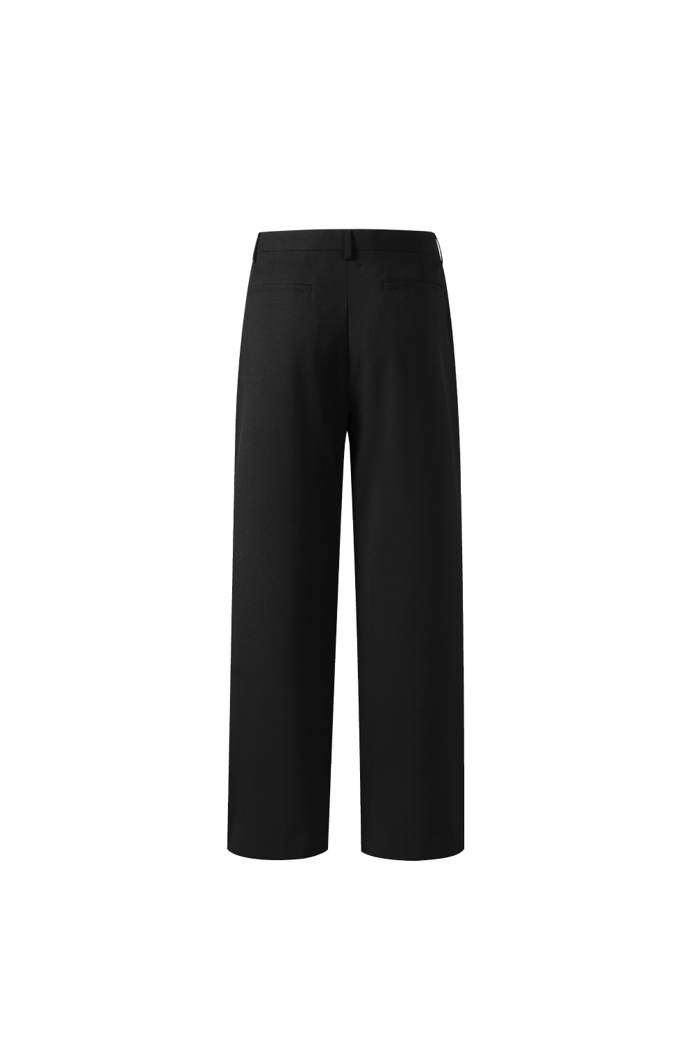 Back view of black wool trousers with a straight-leg silhouette, belt loops, and two welt back pockets.