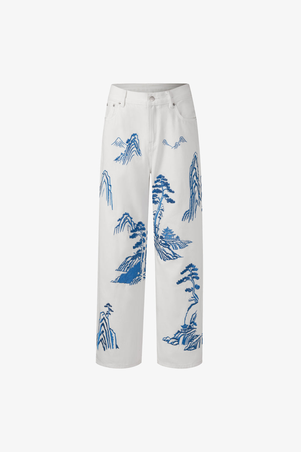 White pants with blue mountain and tree patterns on a white background