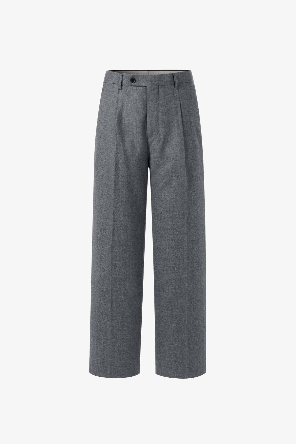 Grey pleated relaxed straight-leg fit wool trousers, front view.