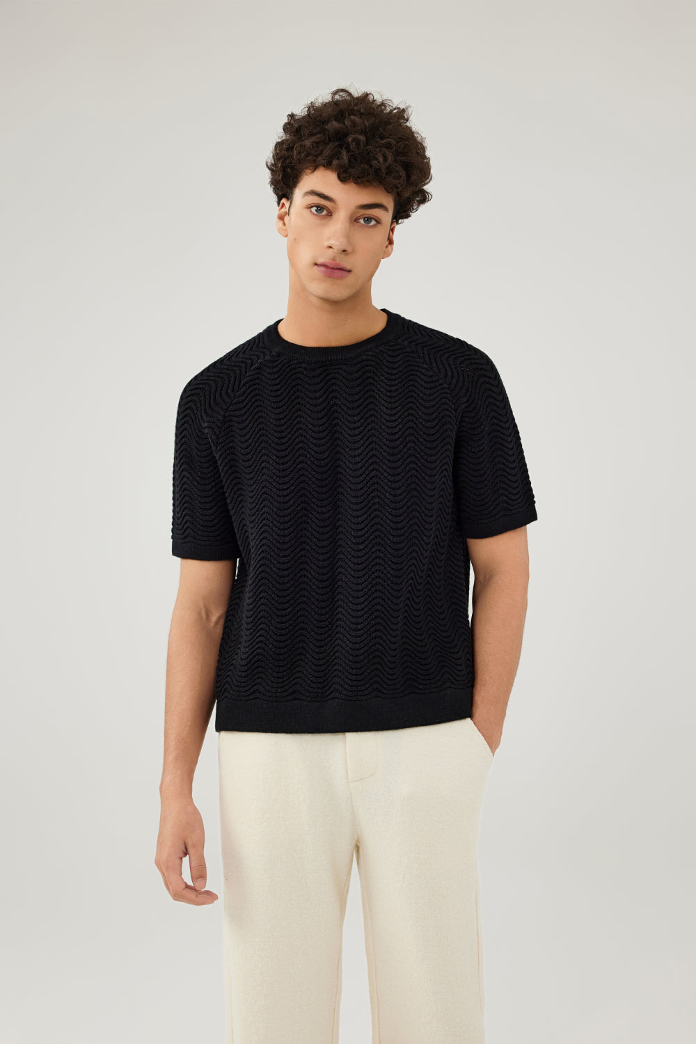 Black Shale Stitch Knit T-Shirt