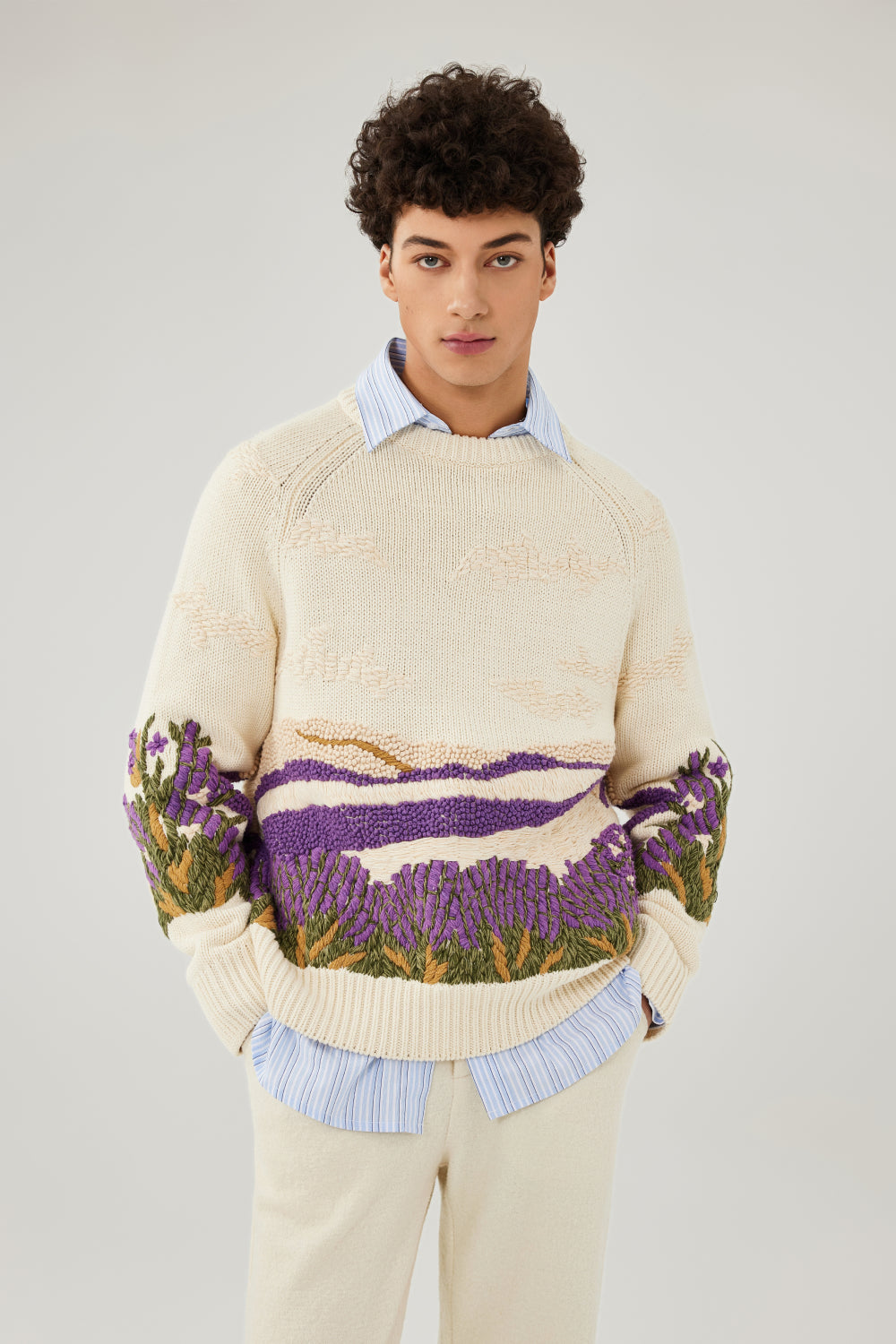 Lavender Field Hand Embroidery Sweater