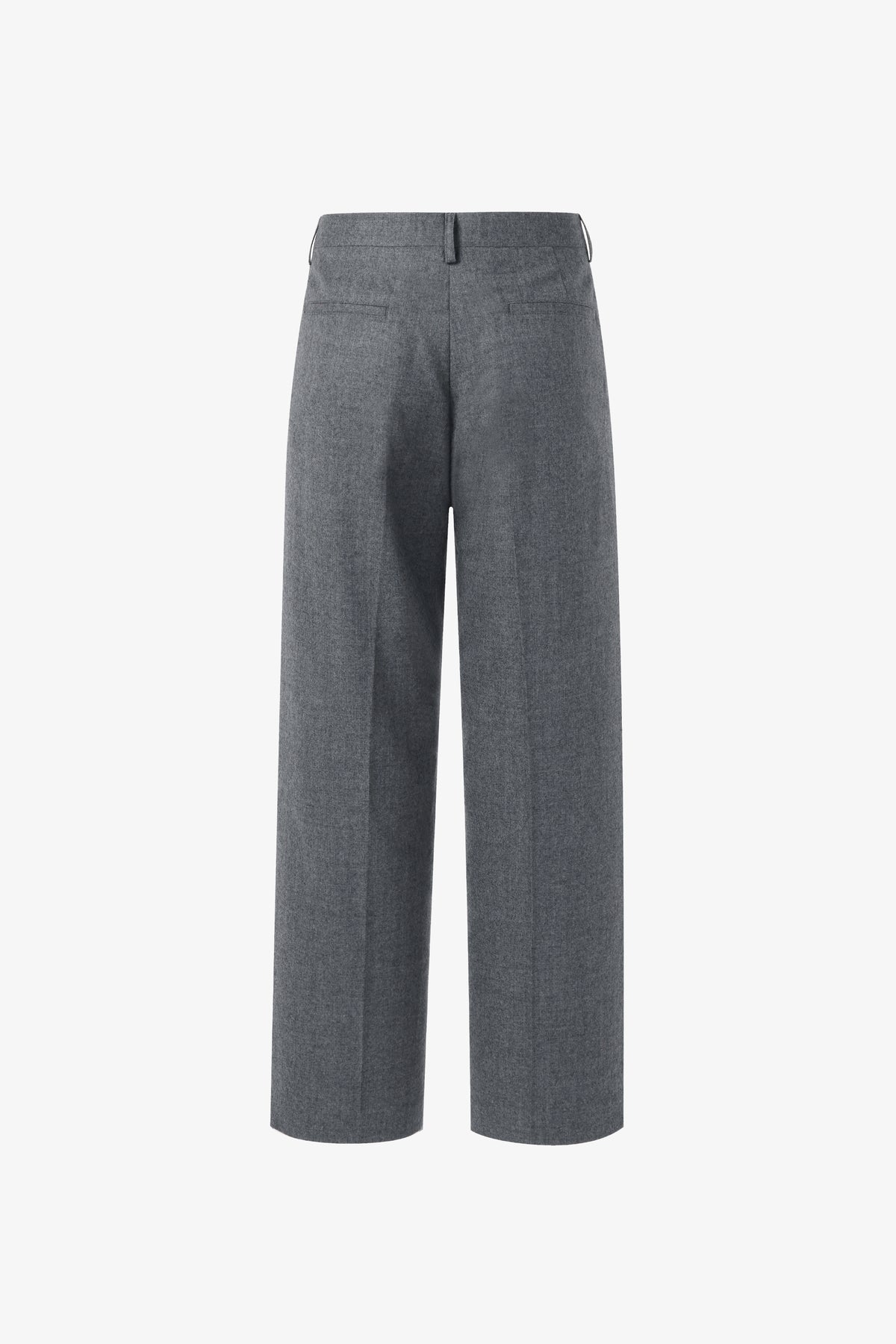 Grey pleated relaxed straight-leg fit wool trousers, back view product flat lay showing back pockets