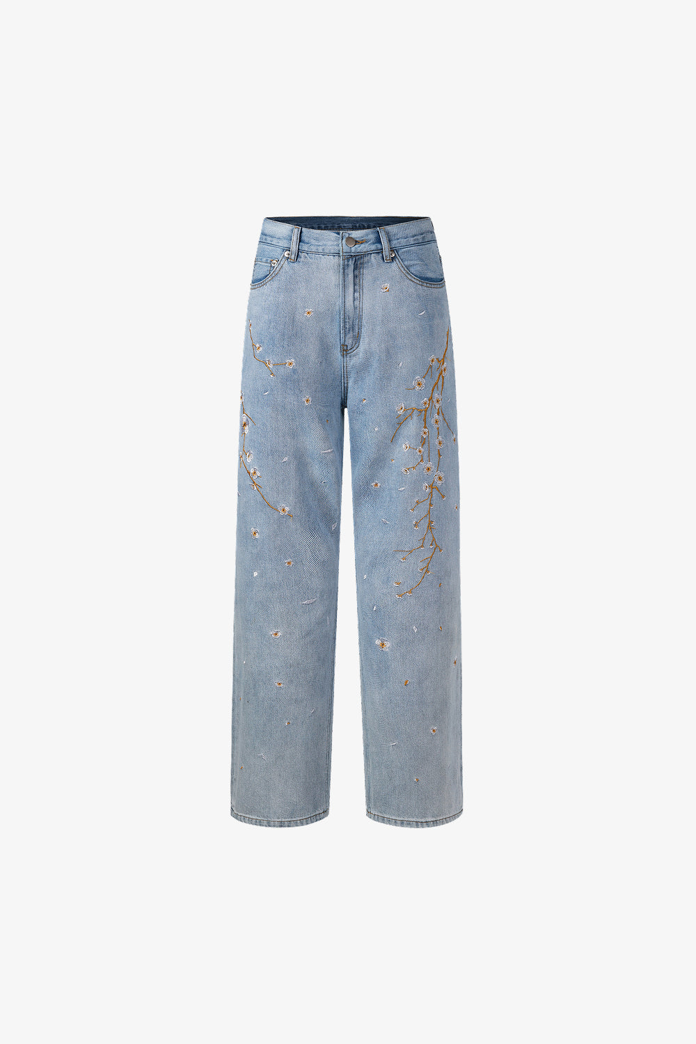 Light blue jeans with floral embroidery on a white background