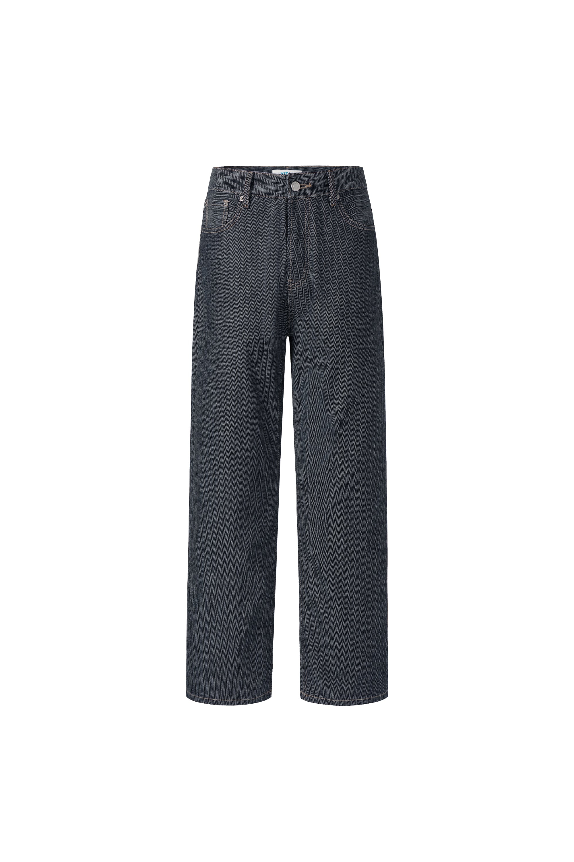 Front view of grey herringbone selvedge straight-leg denim jeans.