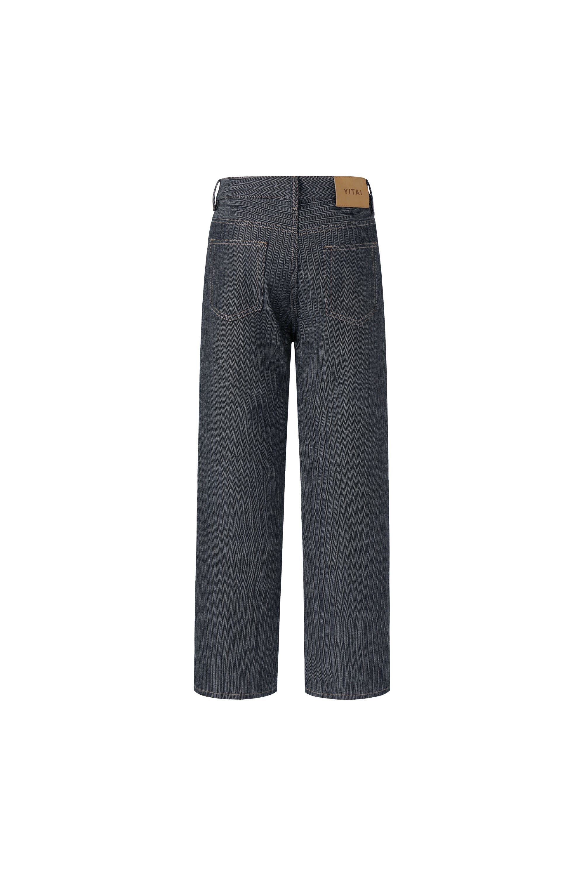 Back view of grey herringbone selvedge straight-leg denim jeans.