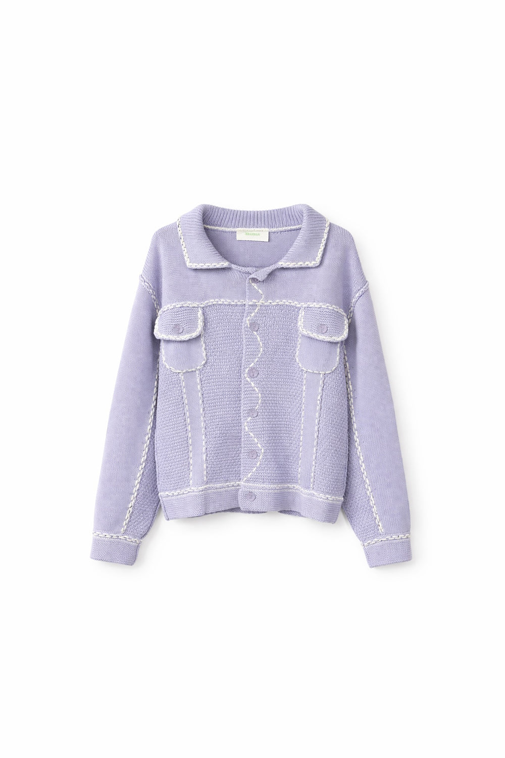 Lavender knit jacket with contrast stitching, front buttons, and flap chest pockets.