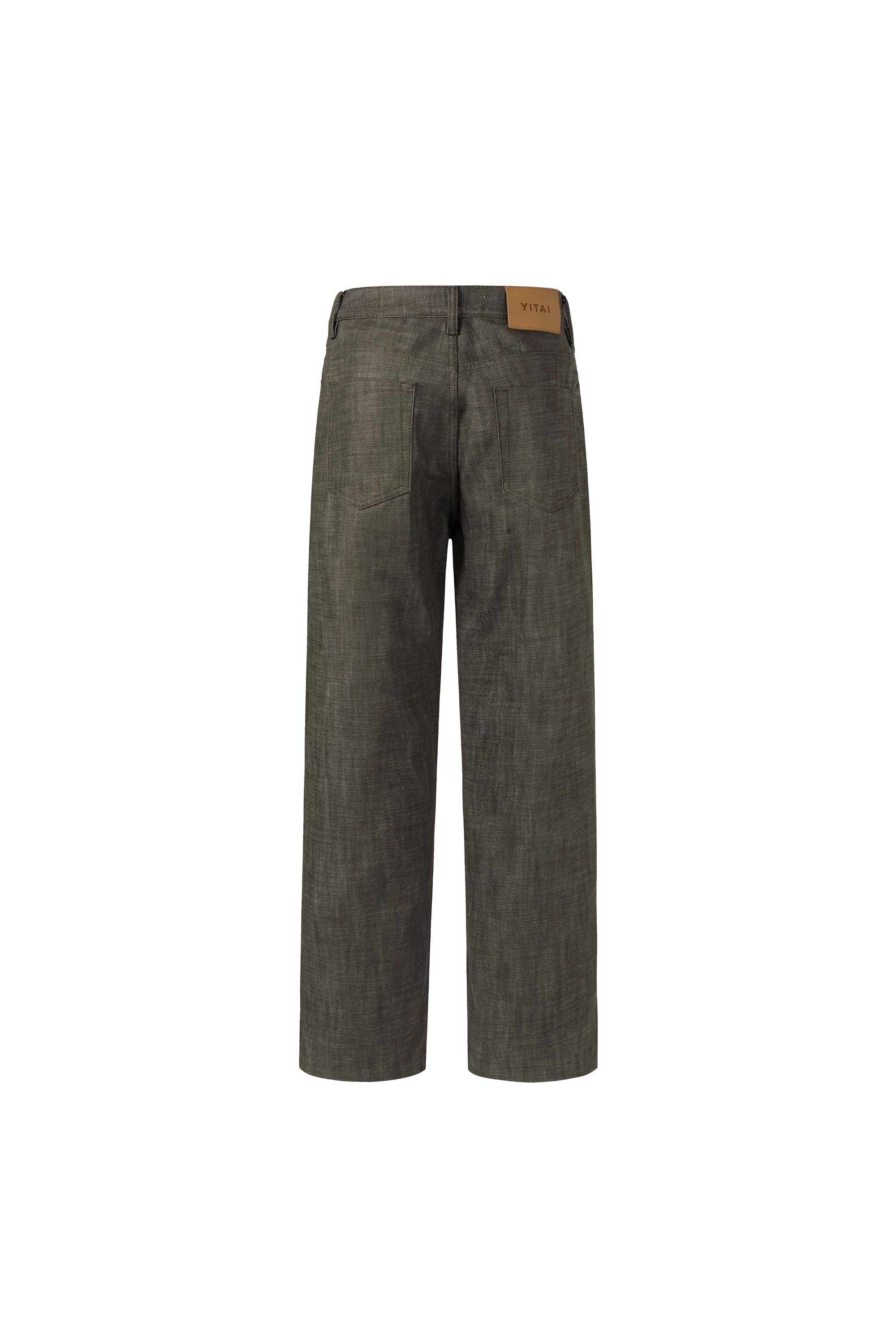 Back view of military green selvedge denim straight-leg jeans.