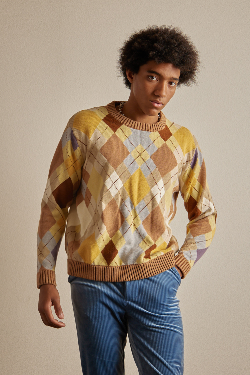 Caramel Skies Argyle Knit Sweater