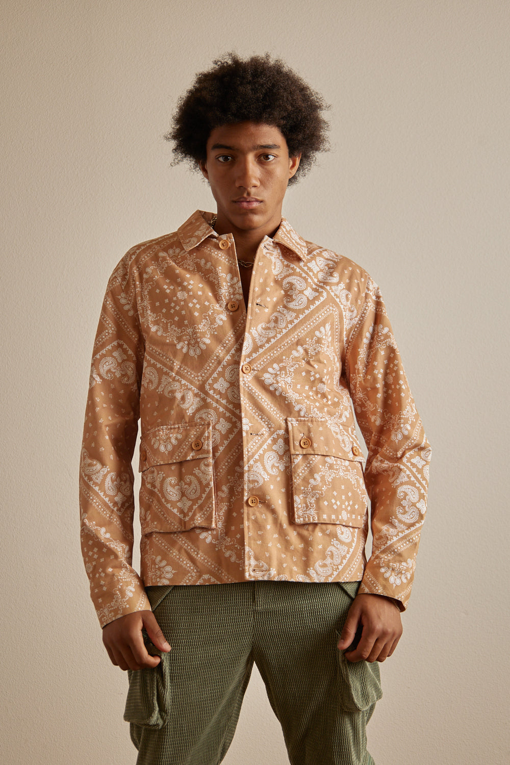 Tan Paisley Print Bandana Military Jacket