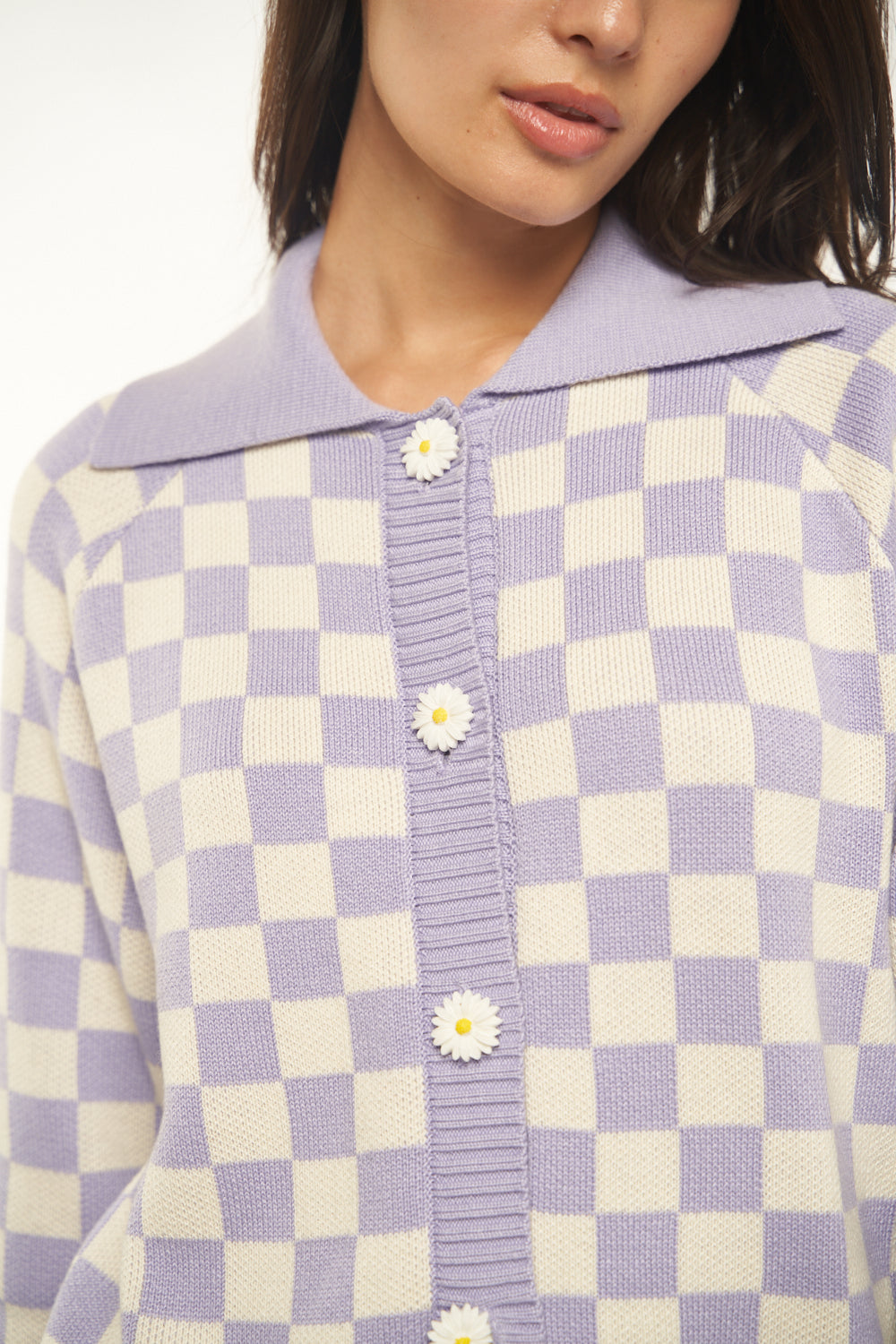 Lavender Checkered Knit Cardigan