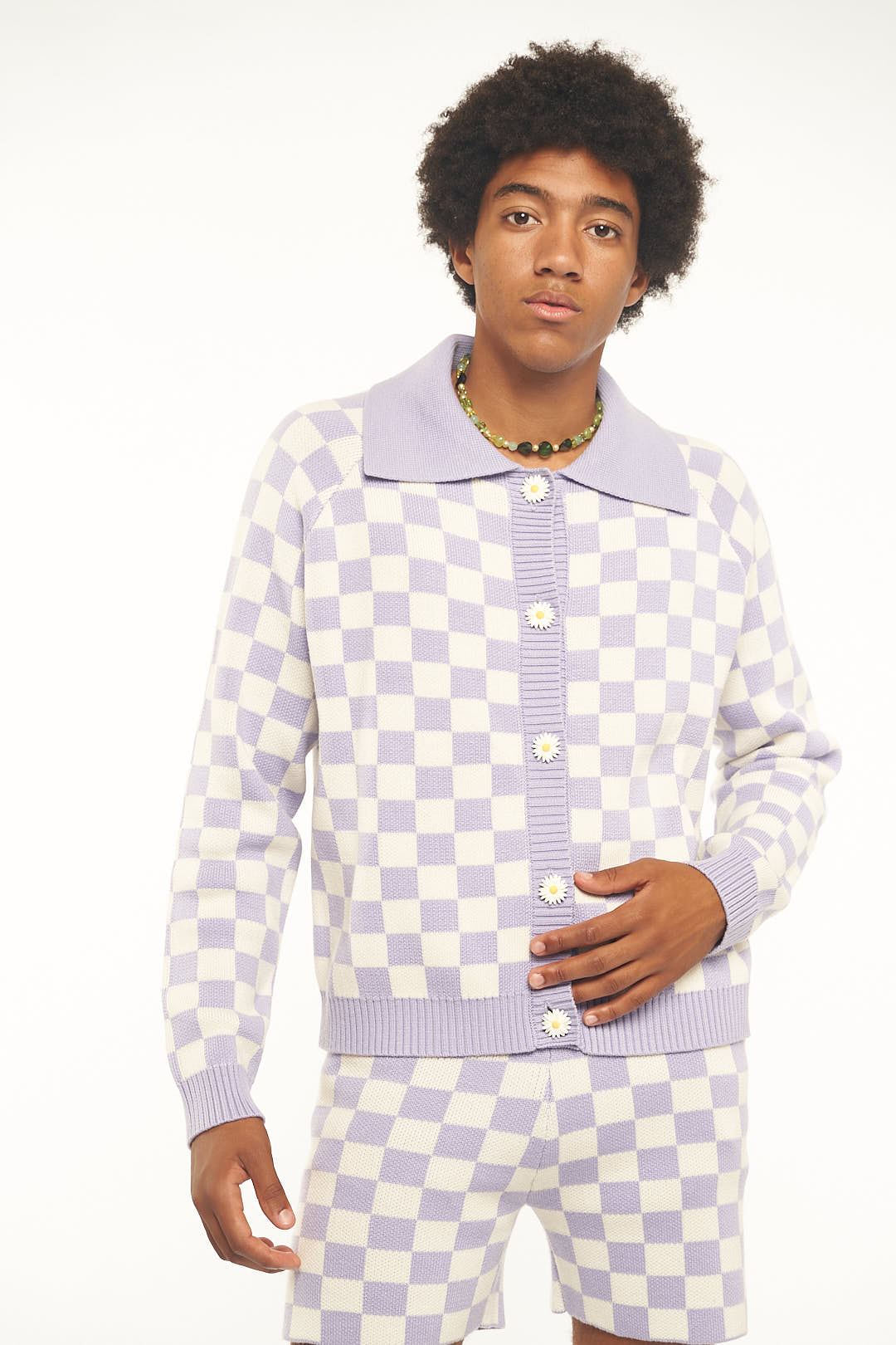 Lavender Checkered Knit Cardigan