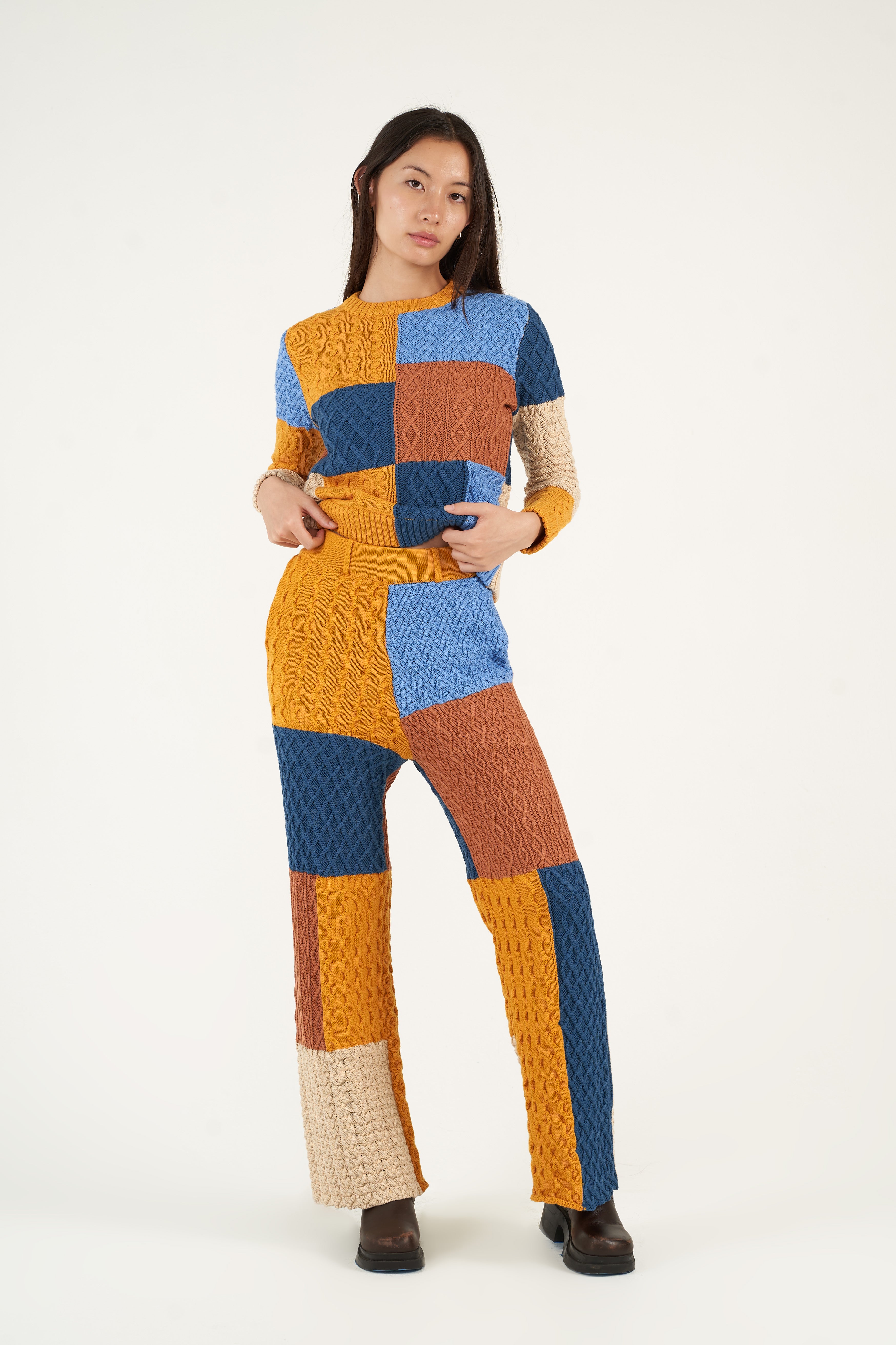 Patchwork Textured Cable Knit Crewneck