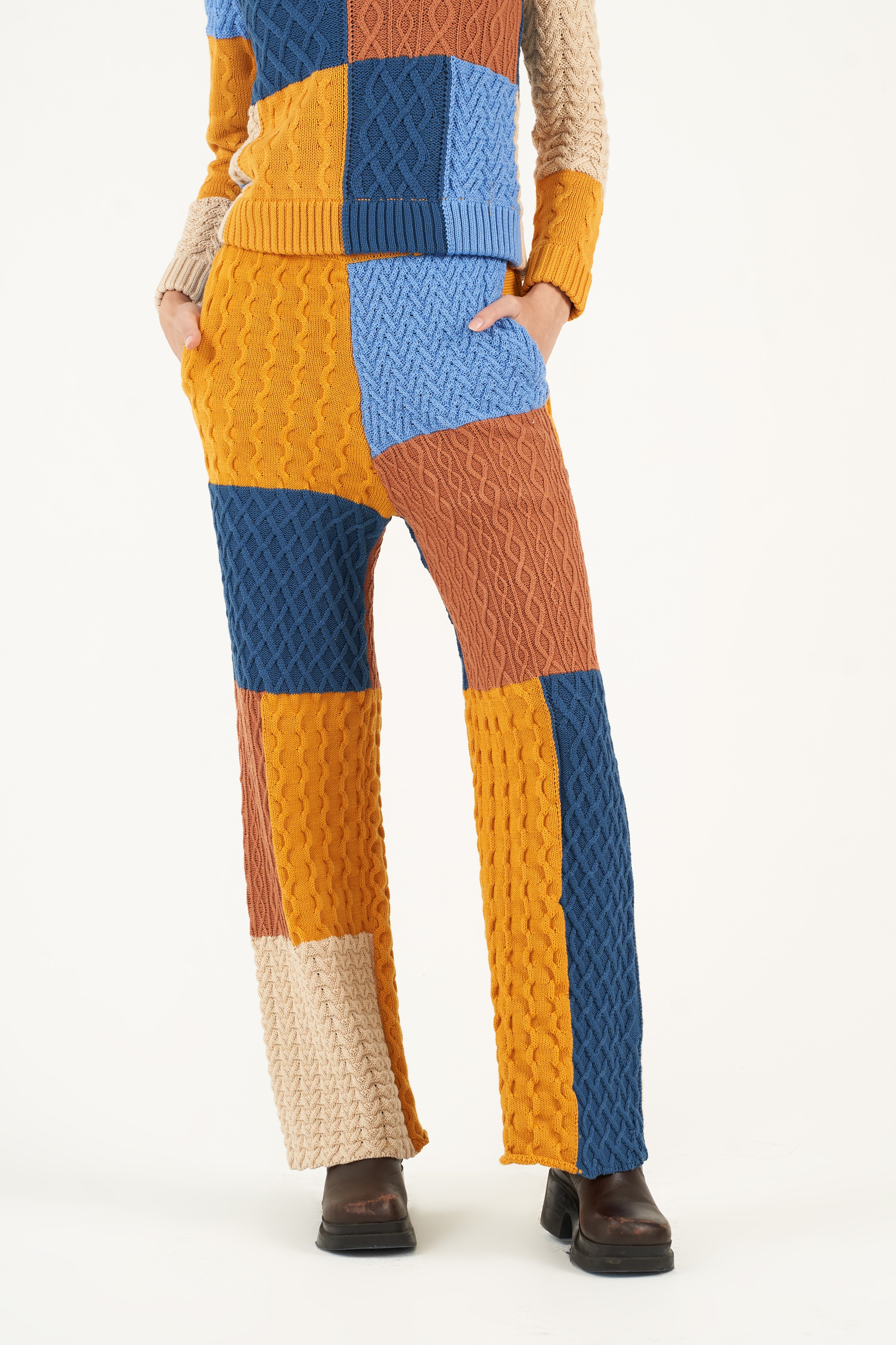 Patchwork Textured Cable Knit Flared Trousers