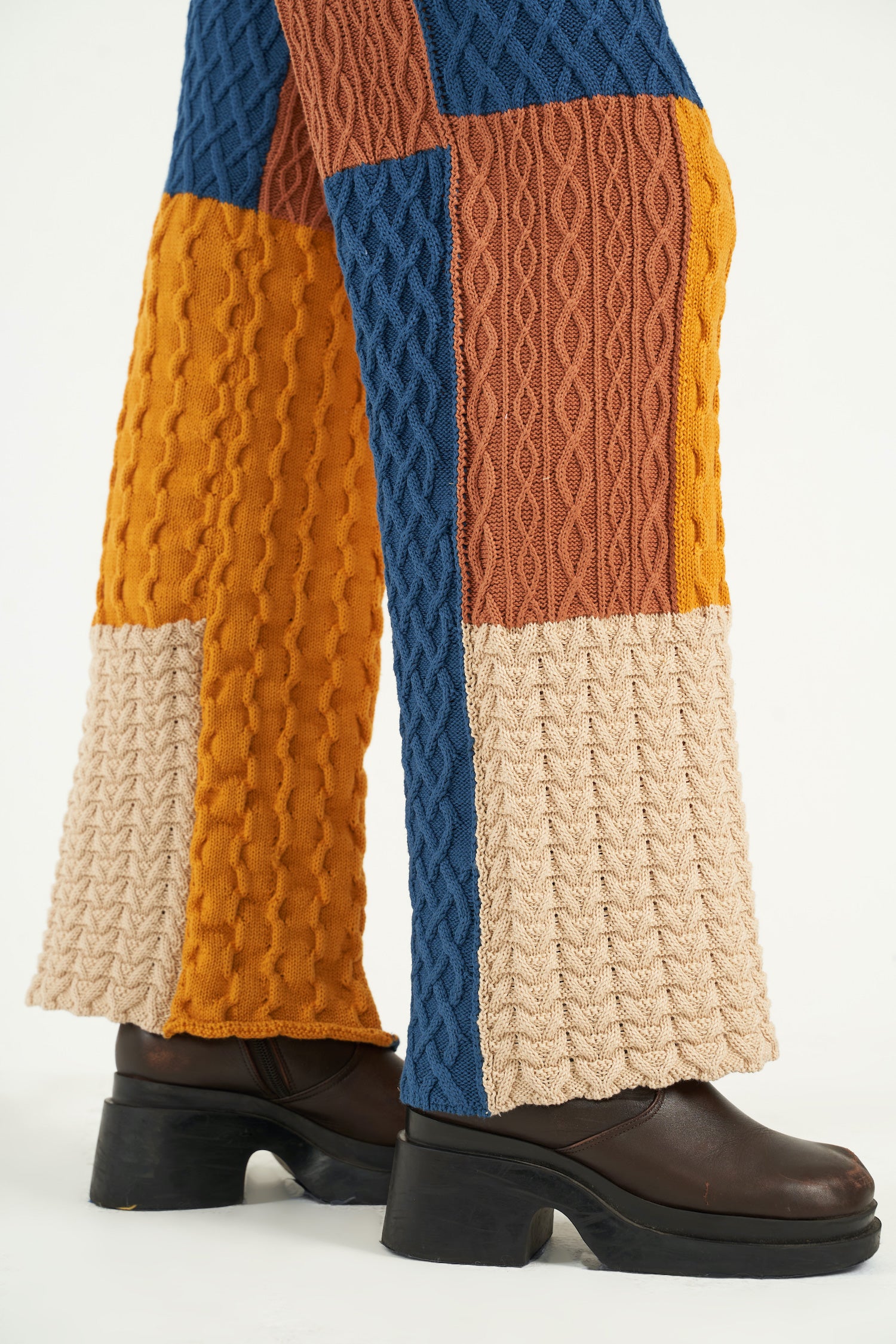 Patchwork Textured Cable Knit Flared Trousers