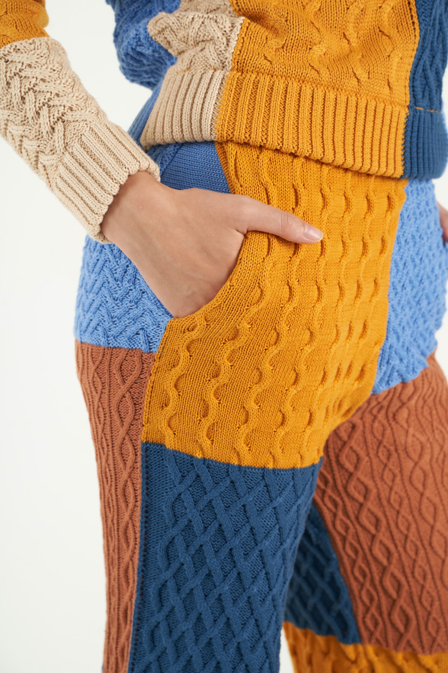 Patchwork Textured Cable Knit Flared Trousers