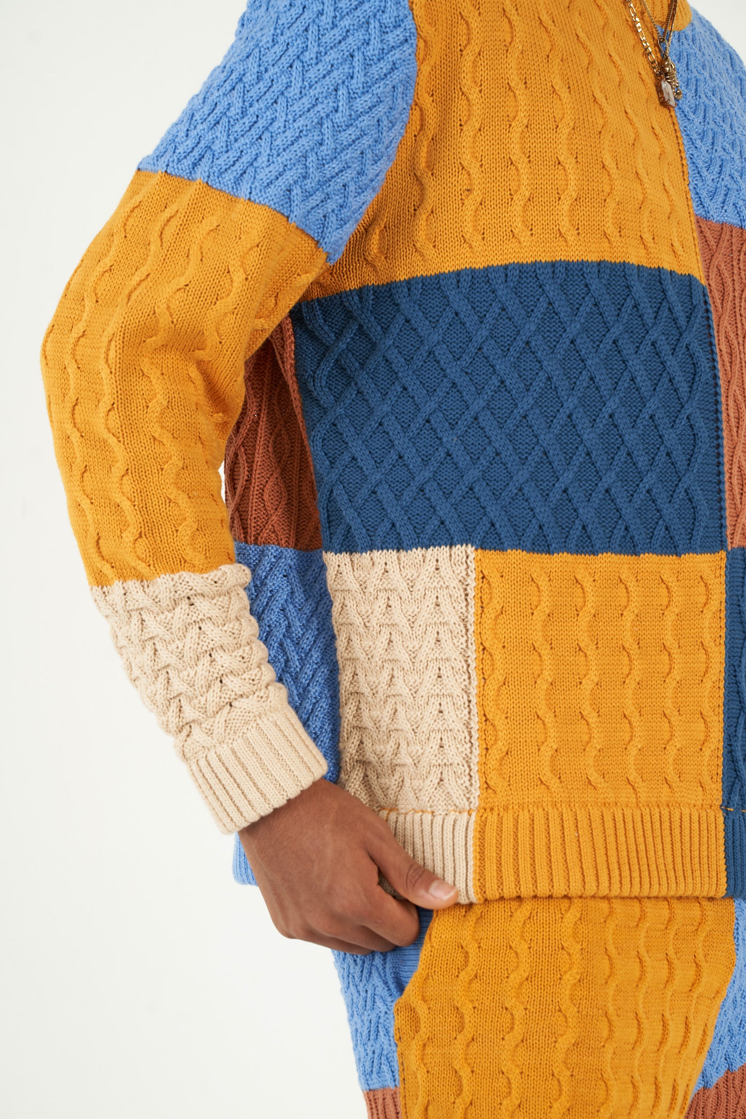 Patchwork Textured Cable Knit Crewneck