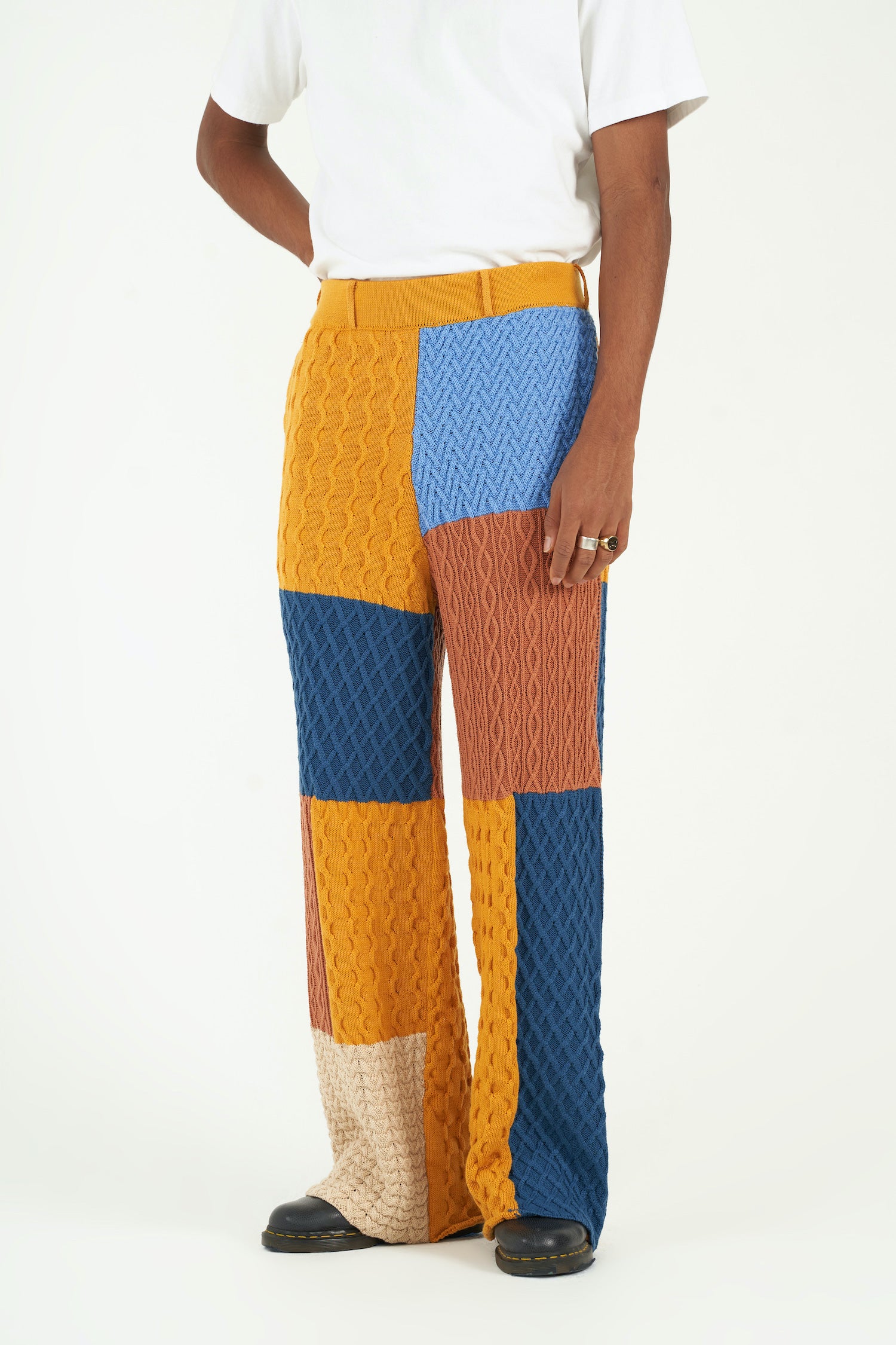 Patchwork Textured Cable Knit Flared Trousers