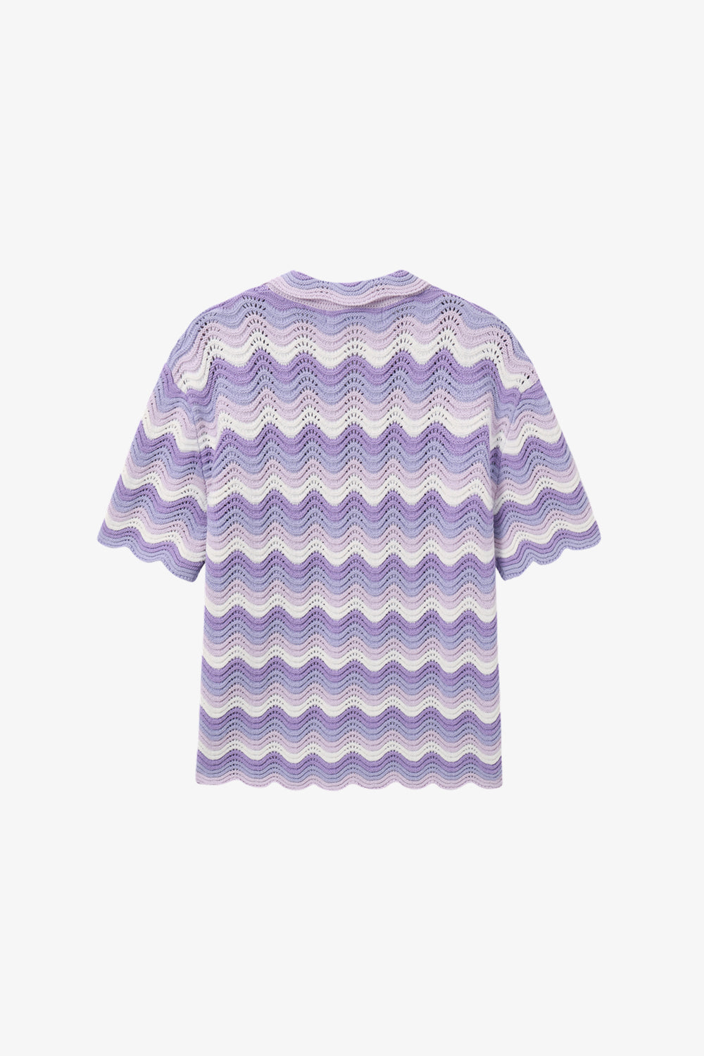 Back view of purple and white shale stitch knit shirt on a white background.