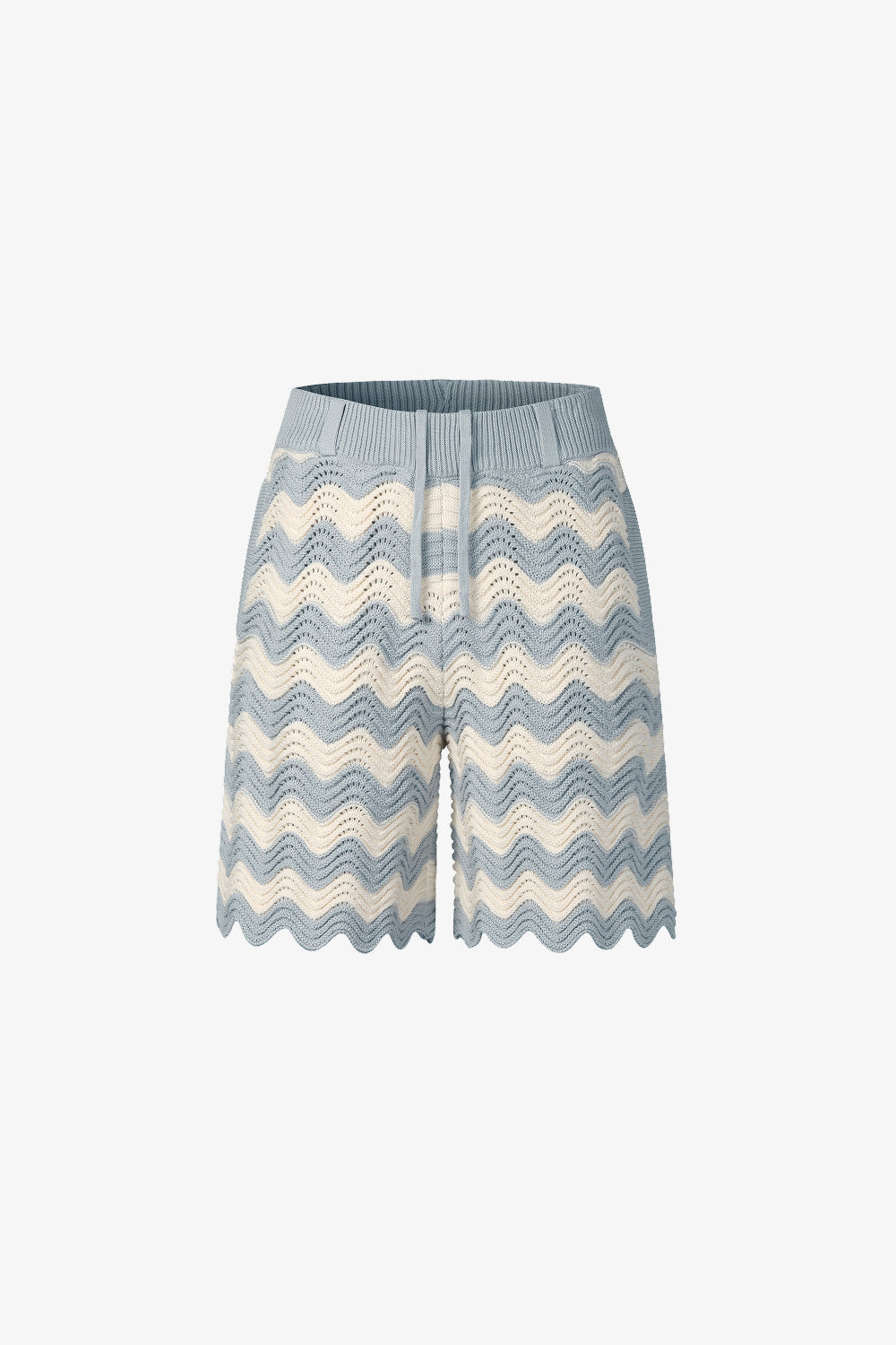 Grey and white shale stitch knit shorts with drawstring waistband and scalloped hem.