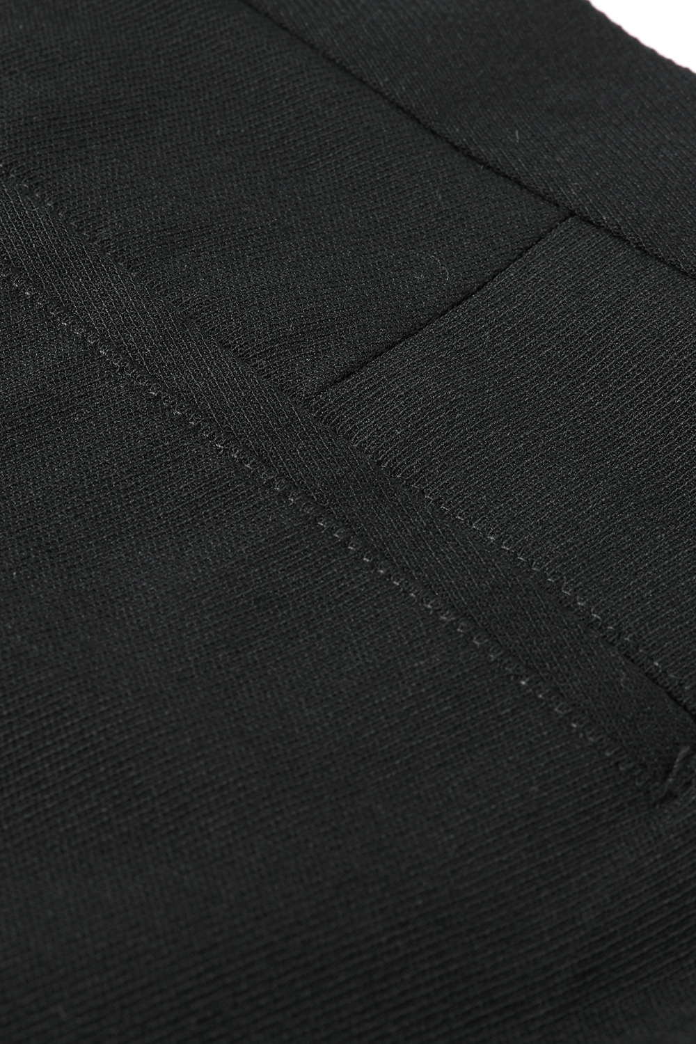 Close-up of black textured fabric with a stitched pocket detail.