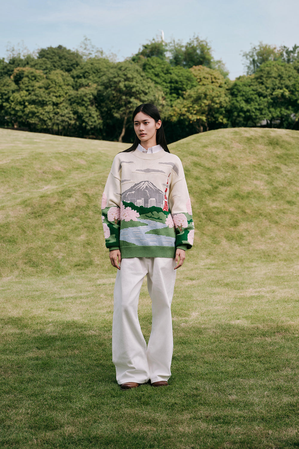 Person wearing a sweater with a scenic design of Mount Fuji and Tokyo Tower in a grassy field