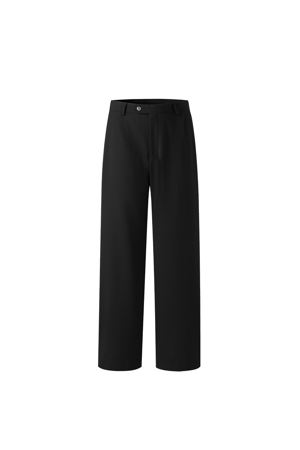 Front view of black wool trousers with a straight-leg silhouette, belt loops, side pockets, and button-and-zip closure.