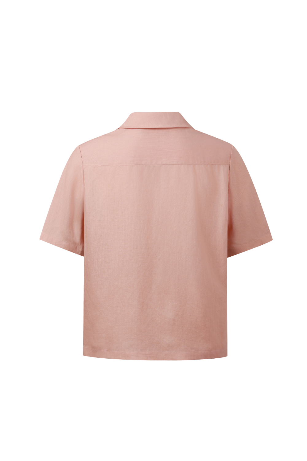 Back view of pink short-sleeve shirt with a camp collar.