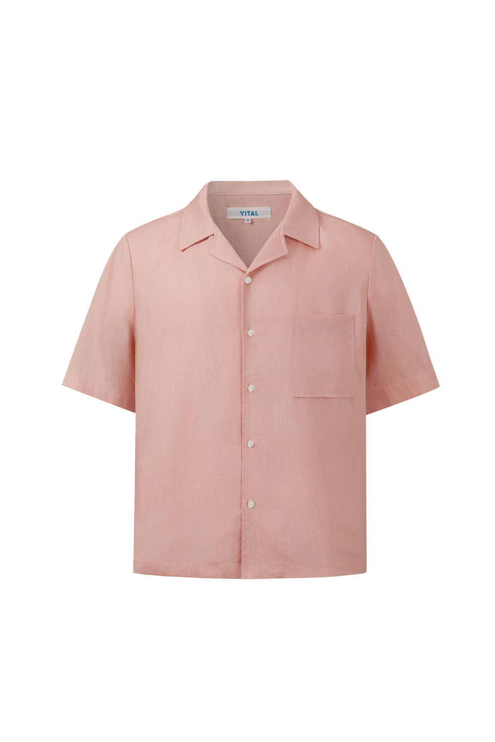 A light pink short-sleeve button-up shirt with a single chest pocket, displayed flat against a solid white background.