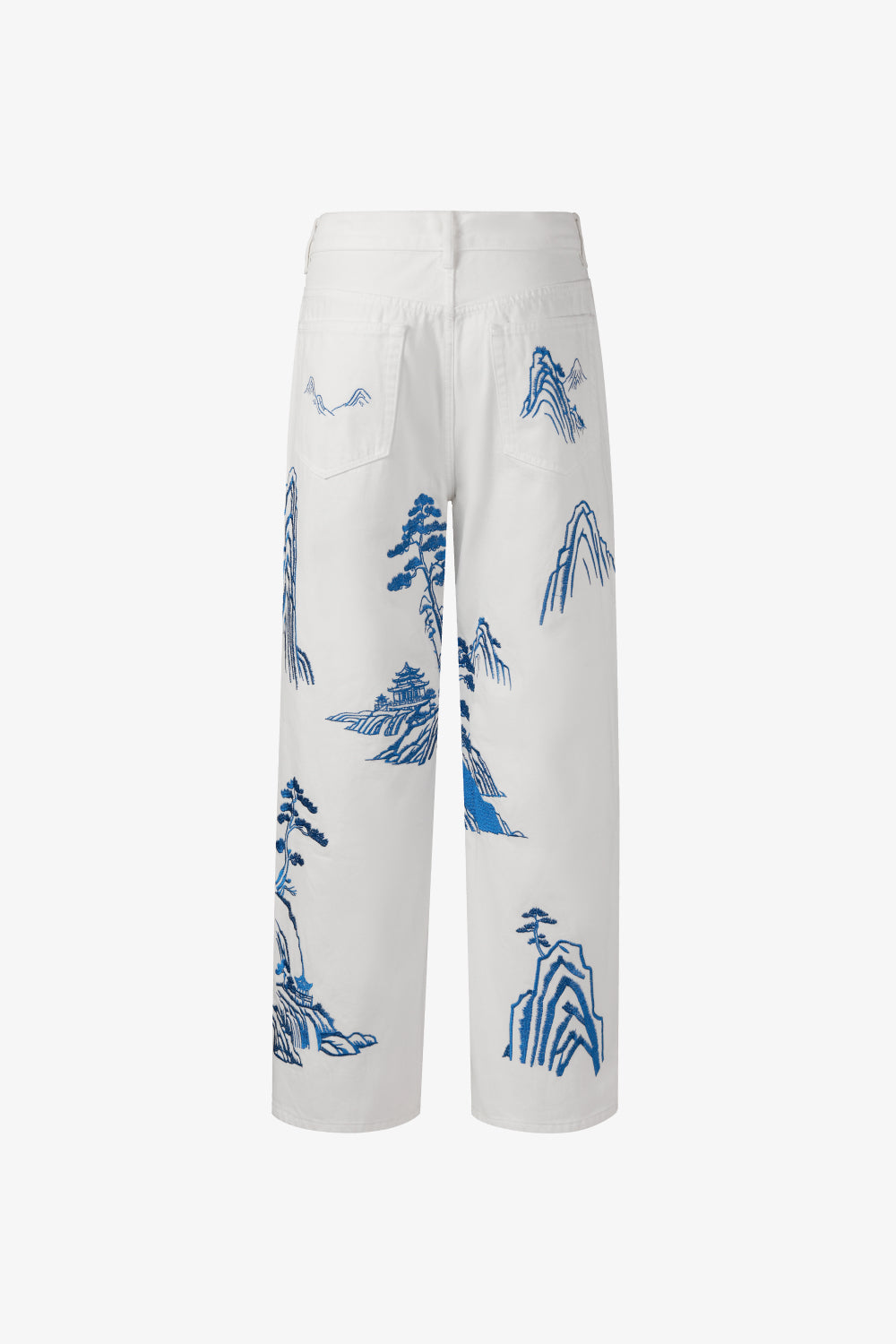 Back view of a white denim with blue embroidery on a white background