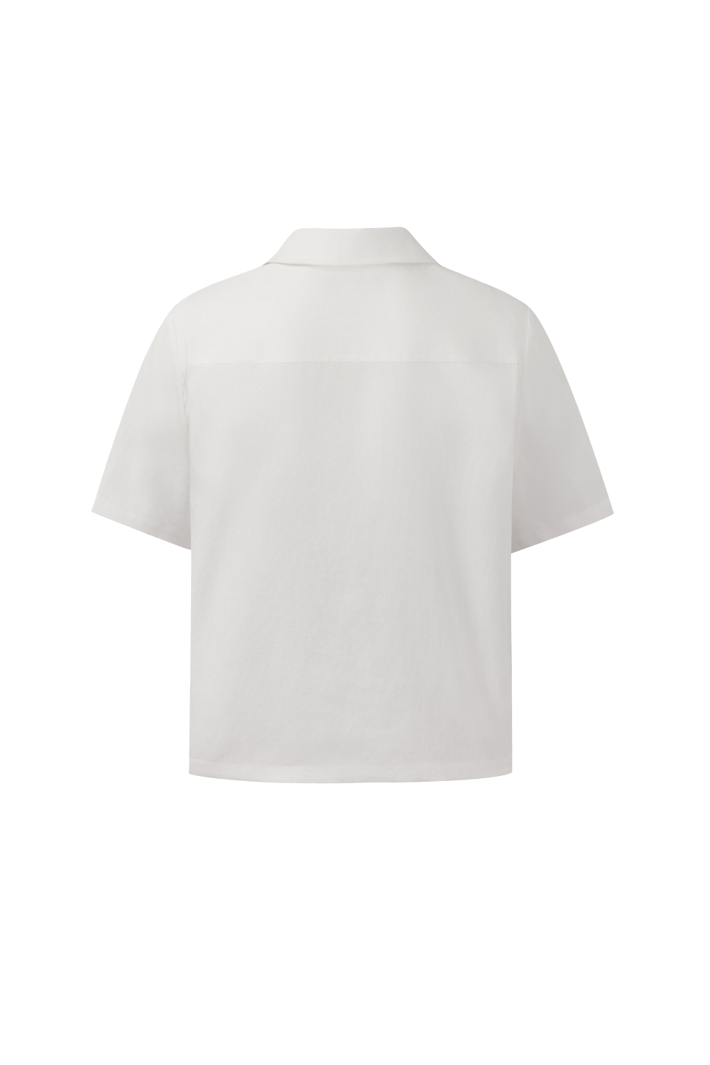 Back view of white short-sleeve shirt with a camp collar.