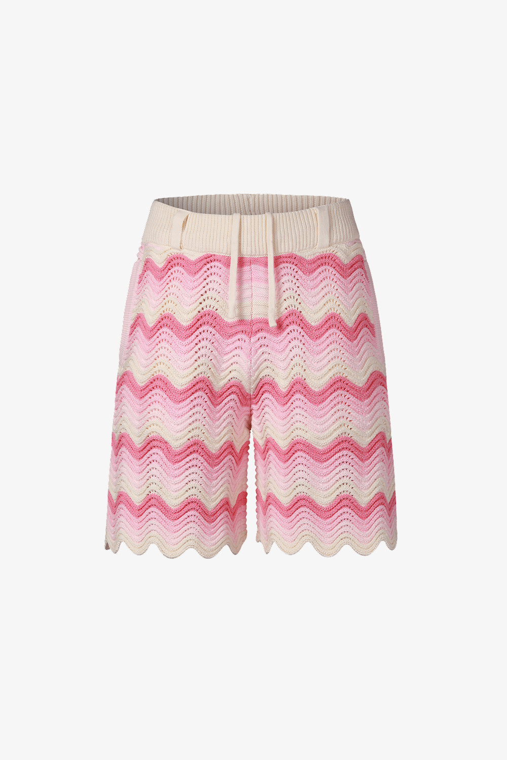 Pink and cream shale stitch knit shorts with drawstring waistband and scalloped hem.