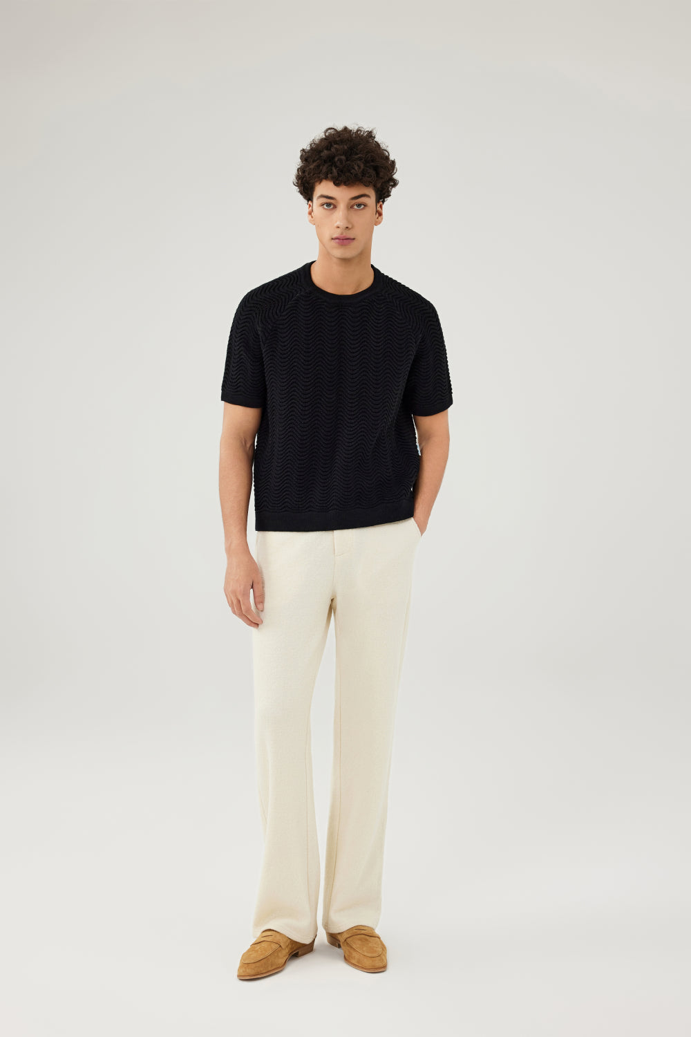 Black Shale Stitch Knit T-Shirt