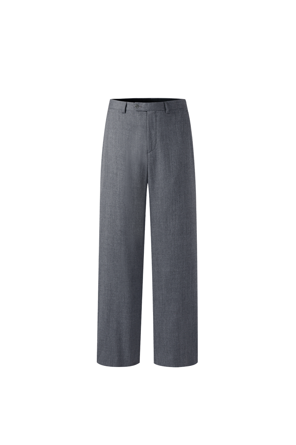 Front view of grey wool trousers with a straight-leg silhouette, belt loops, side pockets, and button-and-zip closure.
