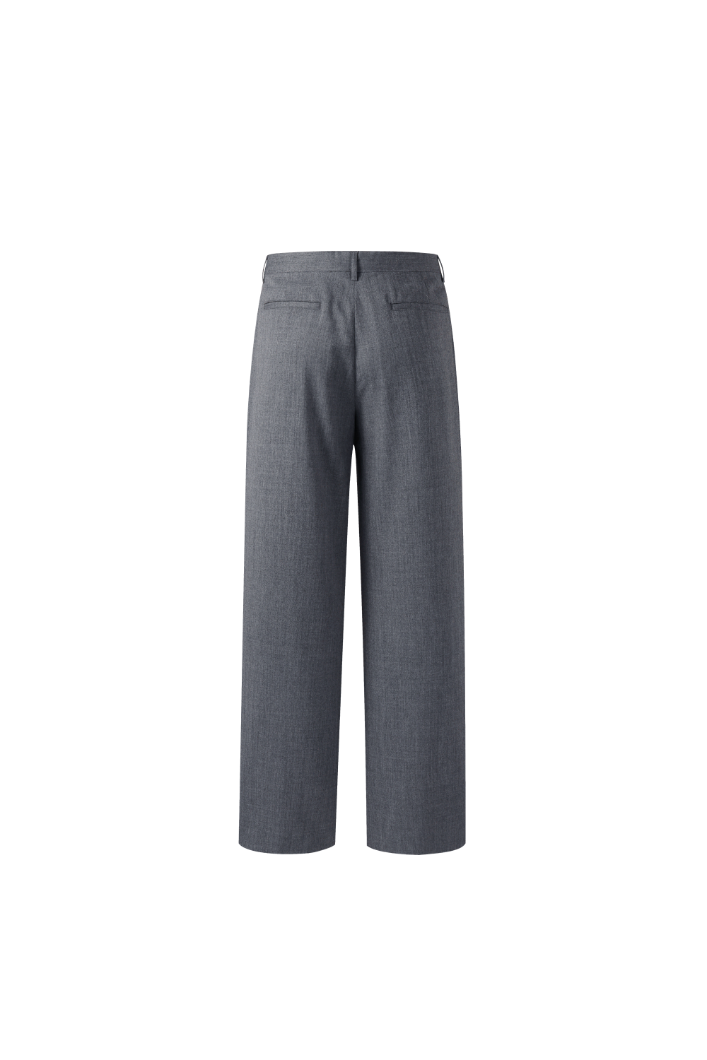 Back view of grey wool trousers with a straight-leg silhouette, belt loops, and two welt back pockets.