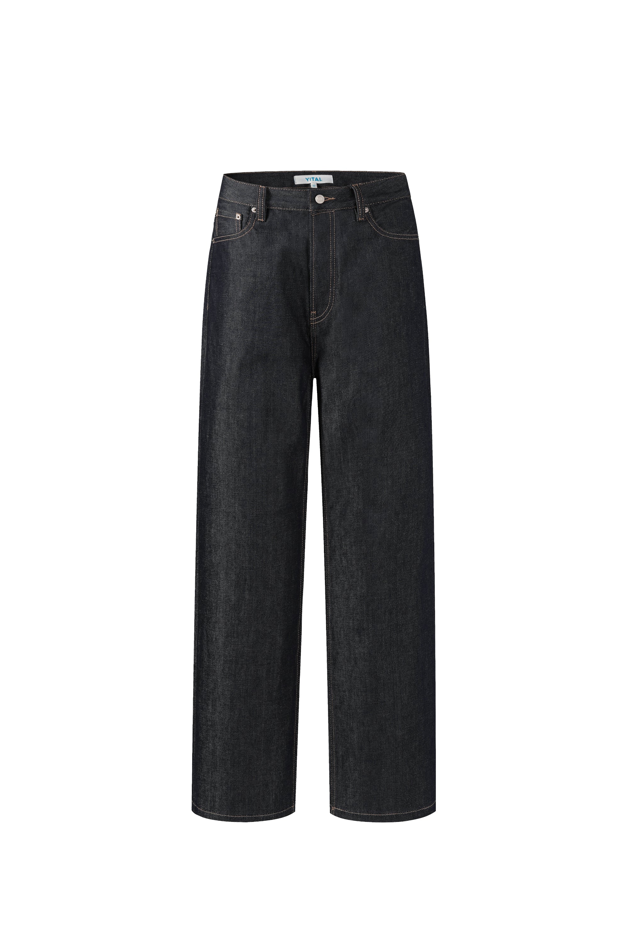 Front View of Selvedge dark blue indigo straight leg denim jeans.
