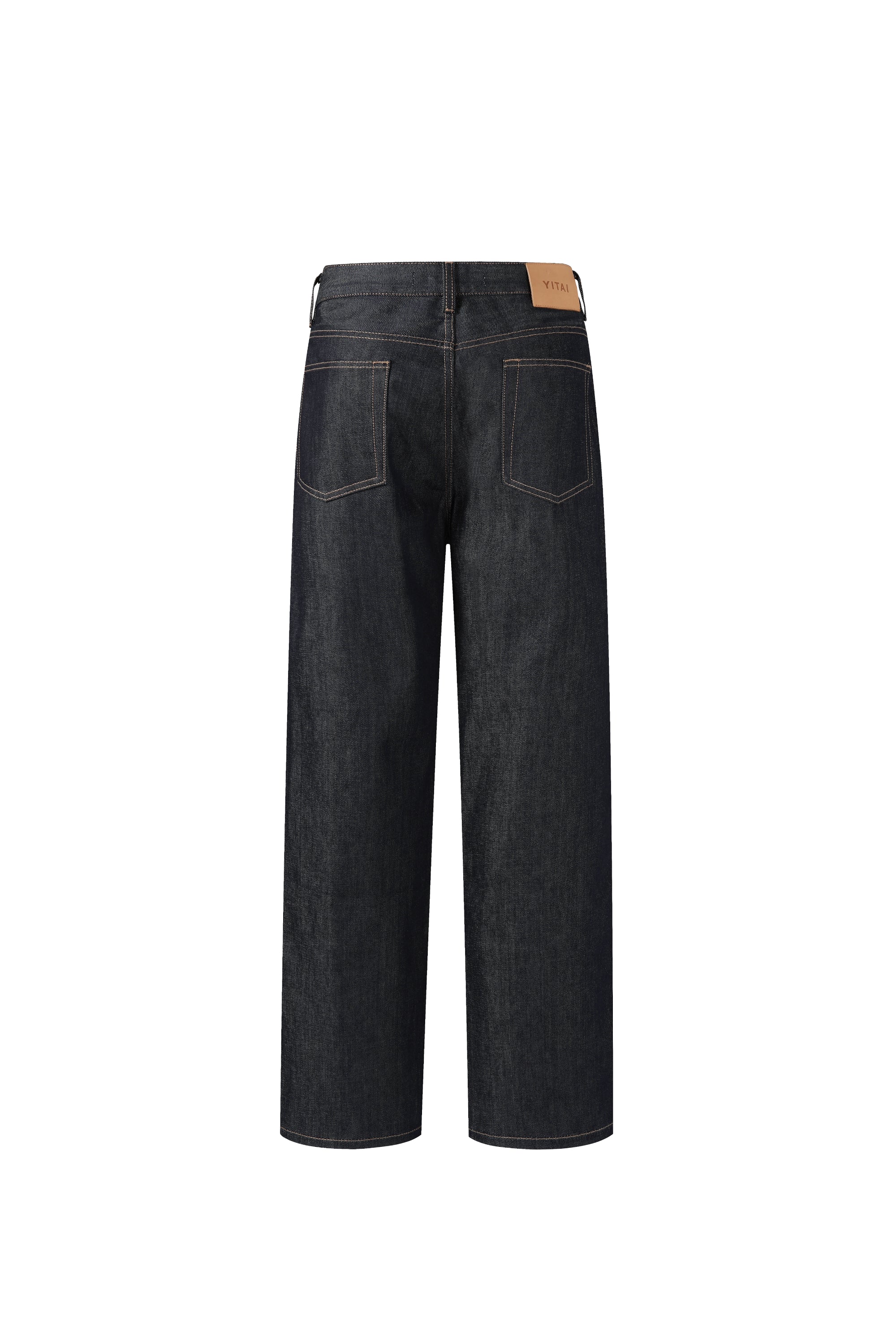 Back View of Selvedge dark blue indigo straight leg denim jeans.