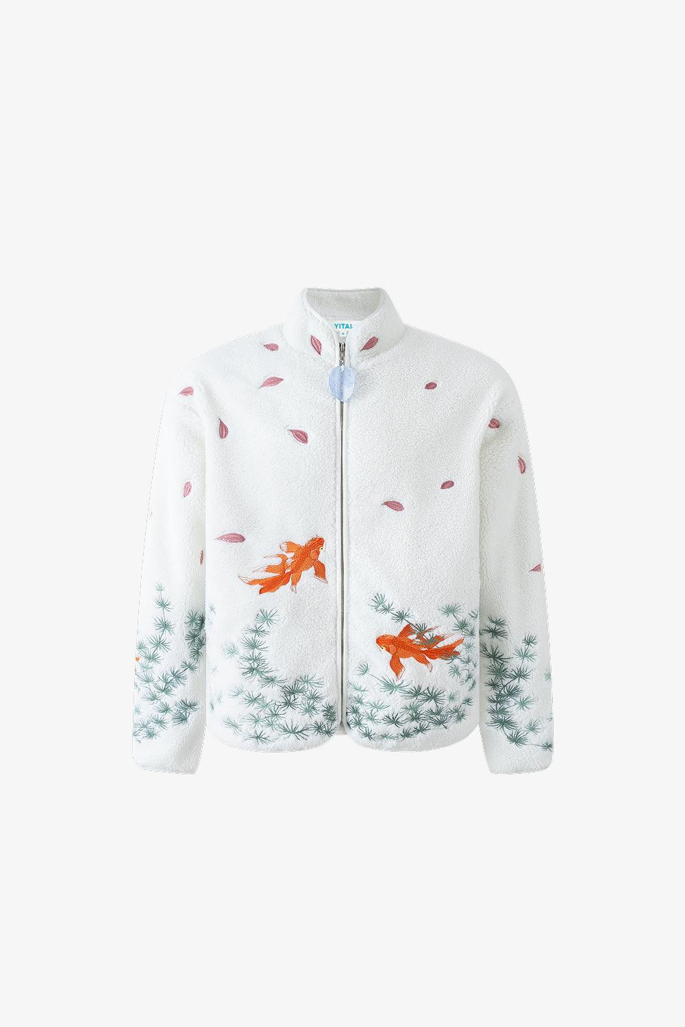 White jacket with orange fish and green plants pattern on a white background